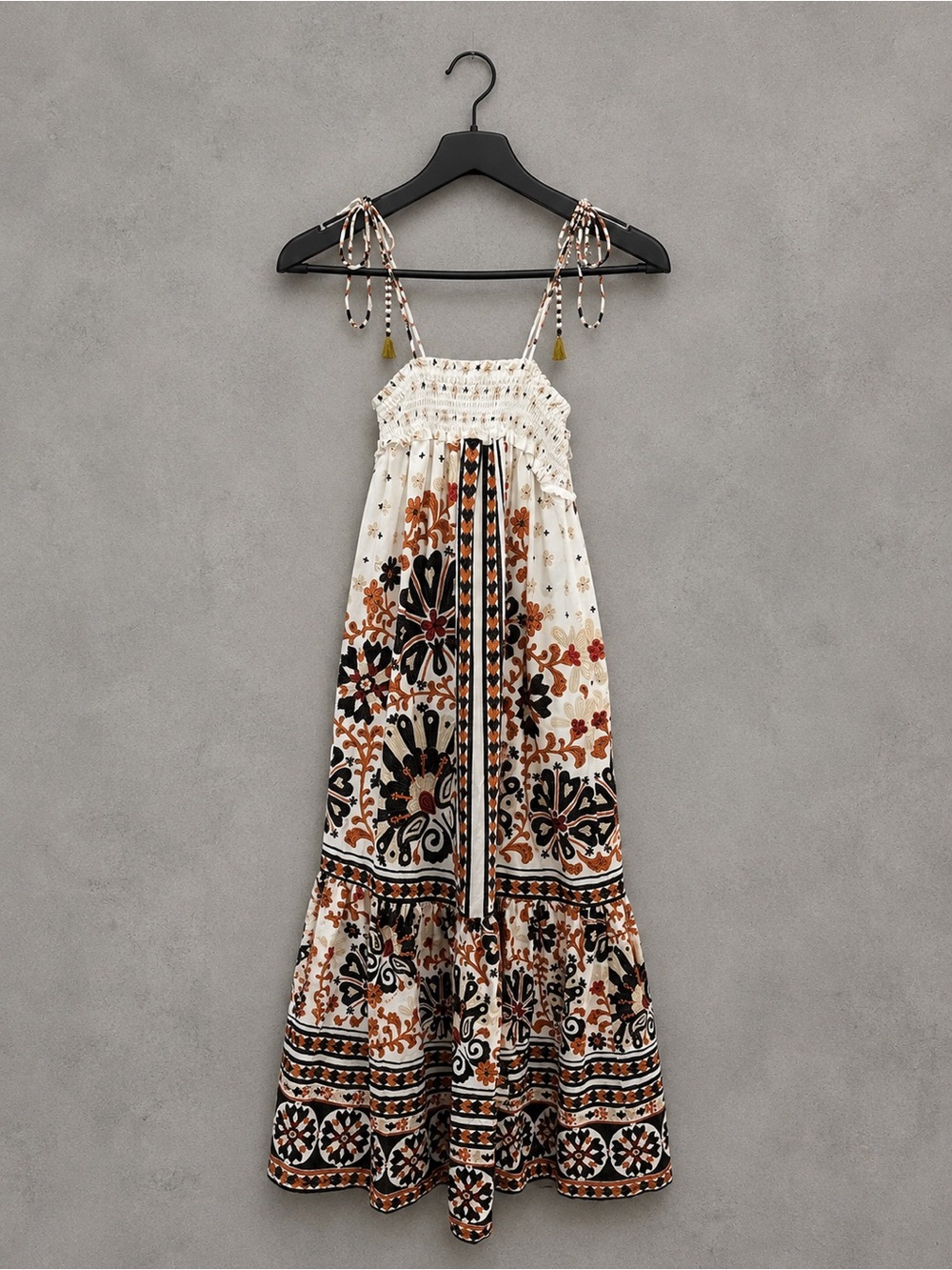 Farm Rio Boho Embroidered Smocked Midi Dress Tie Shoulder Beaded S
